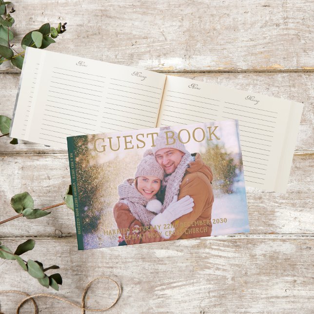 Green And Gold Christmas Wedding Photo Guest Book (Front, Inside And Spine)