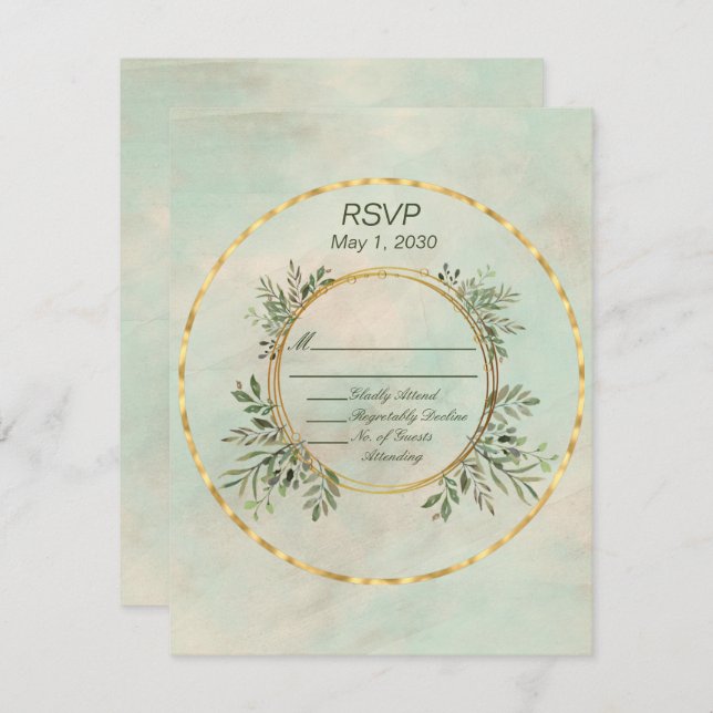 Green and Gold Circle Frame Wedding RSVP (Front/Back)