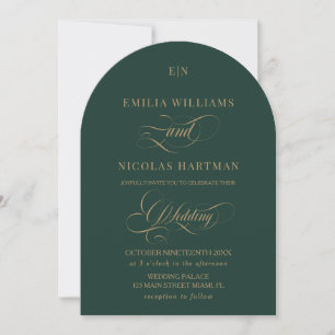 Green and Gold Classic Monogram Wedding Invitation