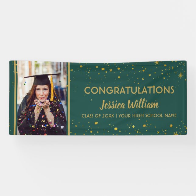 Green And Gold Confetti Graduate Photo Graduation Banner (Horizontal)