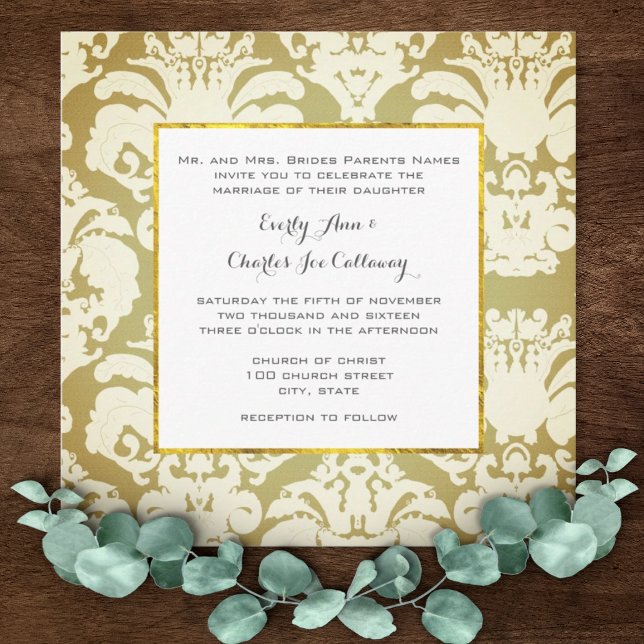 Green and Gold Damask Wedding Invitations (Creator Uploaded)