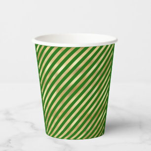 Green and Gold Diagonal Stripes Festive Paper Cups