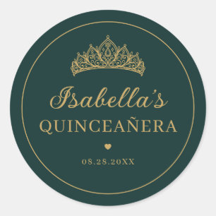 Green and Gold Elegant Tiara Quinceañera Classic Round Sticker