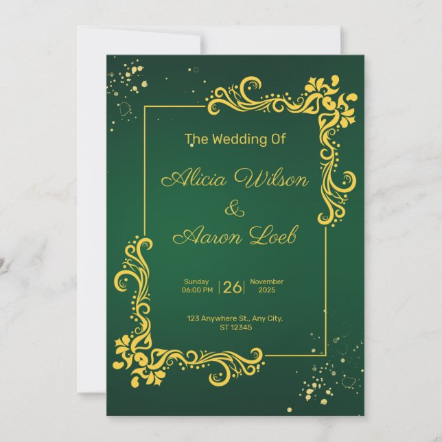 Green and Gold Elegant Wedding Invitation (Front)