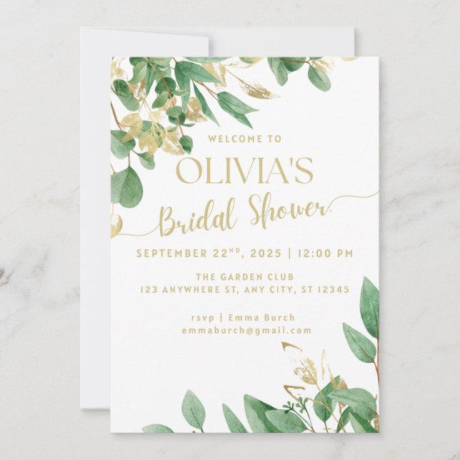 Green and Gold Eucalyptus Bridal Shower Invite (Front)