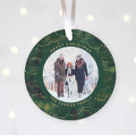 Green and Gold Fairy Lights | Two Family Photos Ornament<br><div class="desc">This modern Christmas ornament features a rich,  dark emerald green background with elegant faux gold fairy lights,  and two of your favorite personal photos. Add your family name in gold colored text.</div>