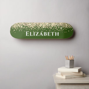 Green And Gold Faux Glitter Aesthetic Custom Name Skateboard