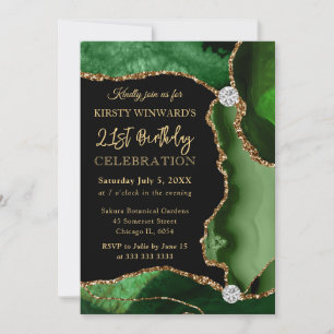 Green and Gold Faux Glitter Agate Birthday Invitation