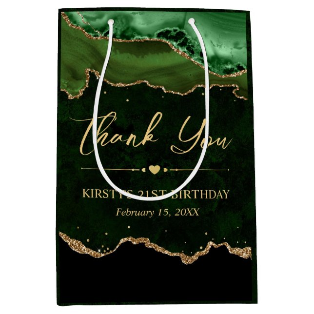 Green and Gold Faux Glitter Agate Birthday Medium Gift Bag (Front)