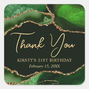 Green and Gold Faux Glitter Agate Birthday Party Square Sticker