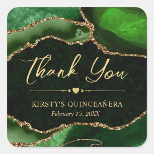 Green and Gold Faux Glitter Agate Quinceanera Square Sticker