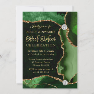 Green and Gold Faux Glitter Agate Sweet 16 Invitation