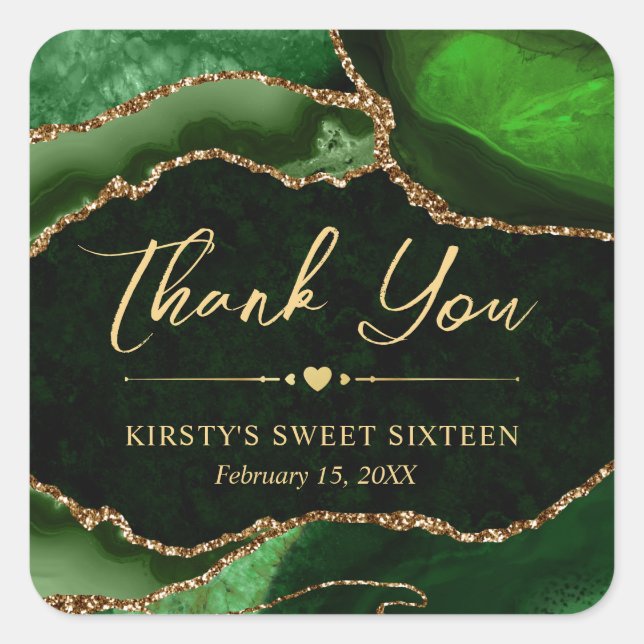 Green and Gold Faux Glitter Agate Sweet Sixteen Square Sticker (Front)