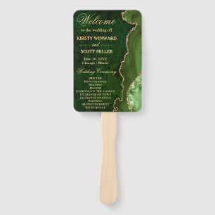 Green and Gold Faux Glitter Agate Wedding Program Hand Fan