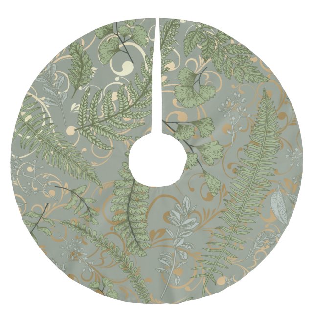 Green and Gold Fern Pattern Brushed Polyester Tree Skirt (Front)