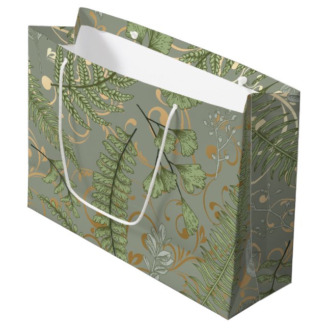 Green and Gold Fern Pattern Large Gift Bag (Front Angled)
