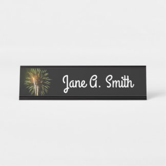 Green and Gold Fireworks Holiday Celebration Desk Name Plate