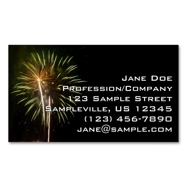 Green and Gold Fireworks Holiday Celebration Magnetic Business Card (Front)