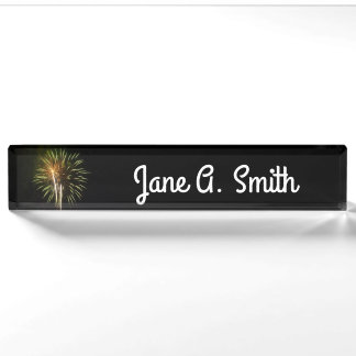 Green and Gold Fireworks Holiday Celebration Nameplate