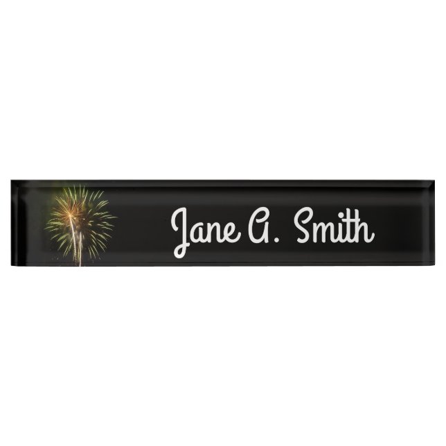 Green and Gold Fireworks Holiday Celebration Nameplate (Front)
