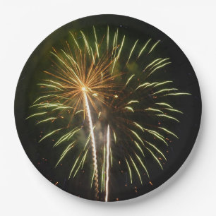 Green and Gold Fireworks Holiday Celebration Paper Plate