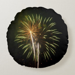 Green and Gold Fireworks Holiday Celebration Round Cushion