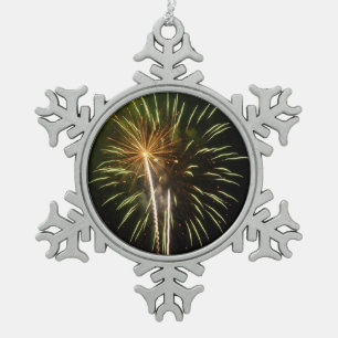 Green and Gold Fireworks Holiday Celebration Snowflake Pewter Christmas Ornament