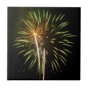 Green and Gold Fireworks Holiday Celebration Tile