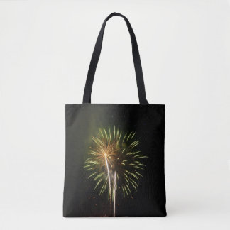 Green and Gold Fireworks Holiday Celebration Tote Bag