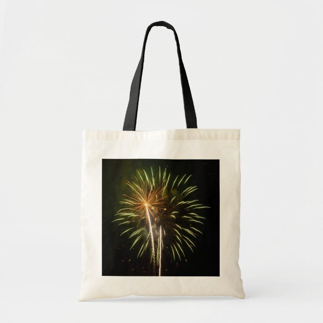 Green and Gold Fireworks Holiday Celebration Tote Bag (Front)