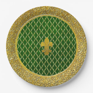 Green and Gold Fleur-de-lis Any Occasion Paper Plate