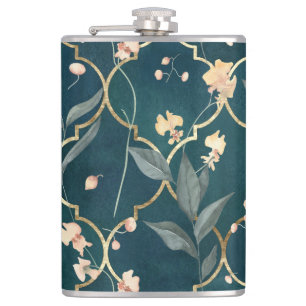 Green and Gold Floral Hip Flask