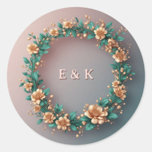 Green And Gold Floral Wreath Invitation Frame ✨ Classic Round Sticker