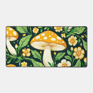 Green and gold flower and mushroom desk mat