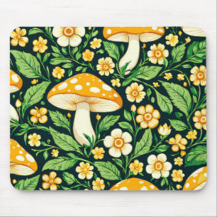 Green and gold flower and mushroom mouse pad