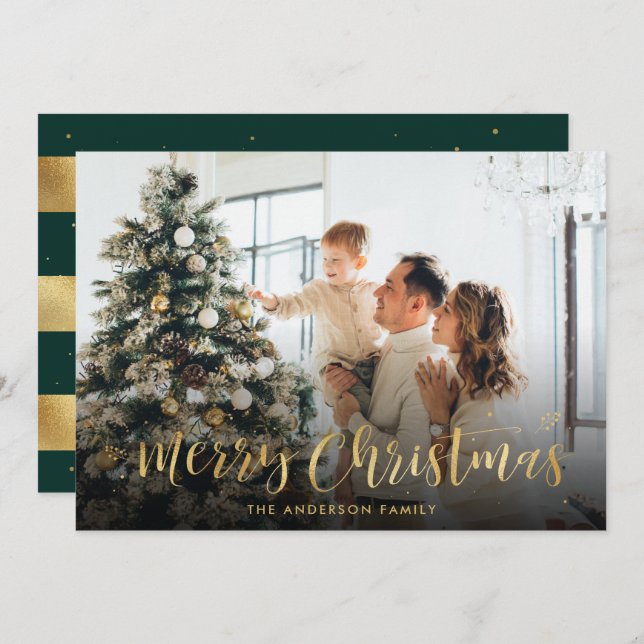 Green and Gold Foil Merry Christmas Photo Cards (Front/Back)