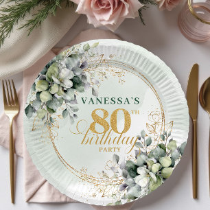 Green And Gold Foliage 80th Birthday Boho Style  Paper Plate