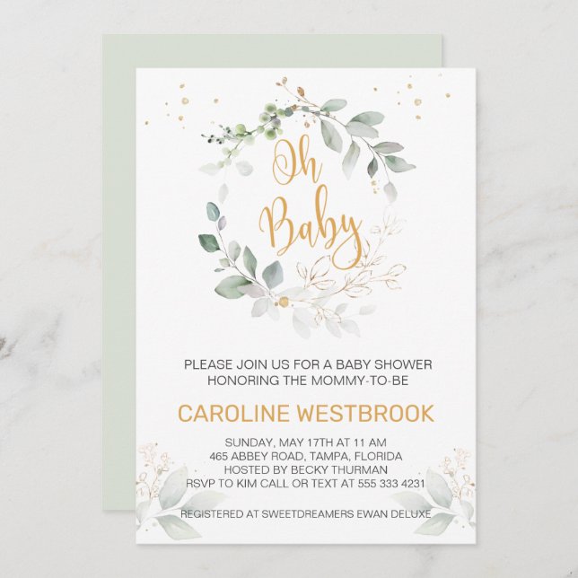 Green and gold foliage Oh Baby Shower Invitation (Front/Back)