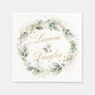 Green and gold foliage Wreath Wedding Napkin
