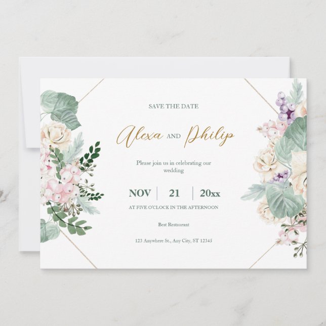 Green and Gold Geometric Floral Wedding Invitation (Front)
