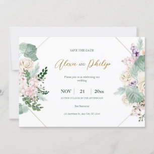 Green and Gold Geometric Floral Wedding Invitation
