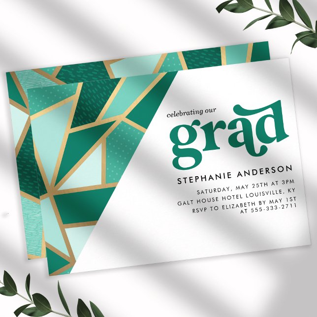 Green and Gold Geometric Graduation Party Invitation (Creator Uploaded)