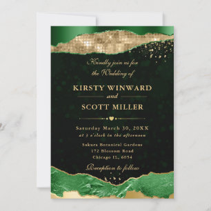 Green and Gold Glam Tears and Bokeh Wedding Invitation