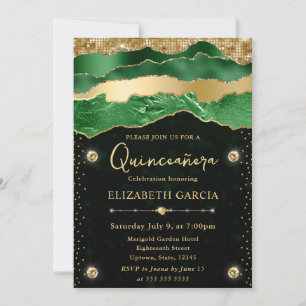 Green and Gold Glam Tears Bokeh Quinceanera Invitation