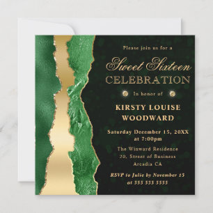Green and Gold Glam Tears Bokeh Sweet Sixteen Invitation