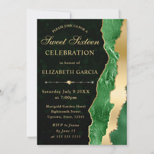 Green and Gold Glam Tears Bokeh Sweet Sixteen Invitation