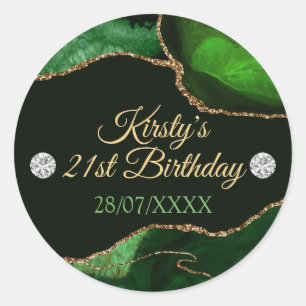 Green and Gold Glitter Agate Birthday Classic Round Sticker