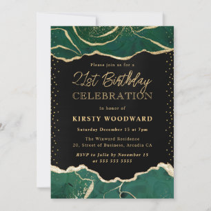 Green and Gold Glitter Agate Birthday Party Invitation