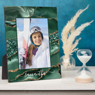 Green and Gold Glitter Agate Elegant Name Photo Plaque