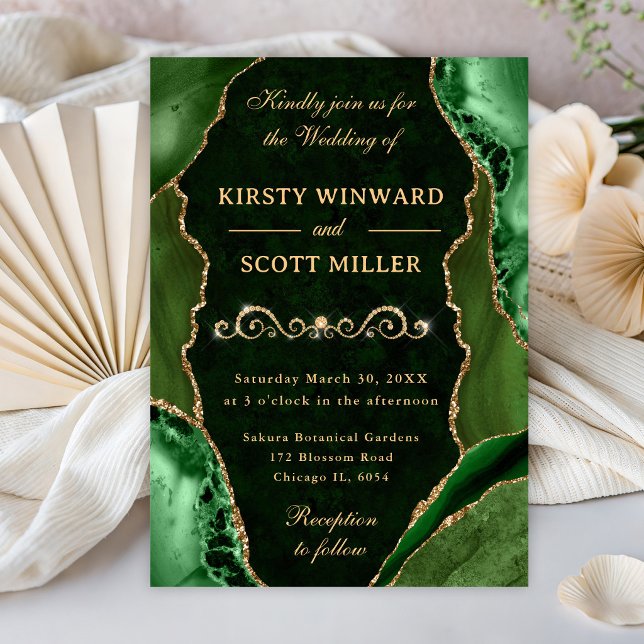 Green and Gold Glitter Agate & Marble Wedding Invitation (Creator Uploaded)
